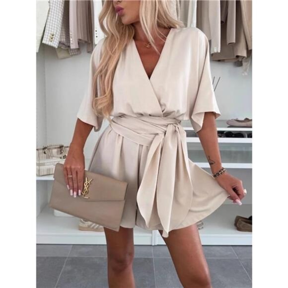 Full Size Surplice Tie Waist Romper Plus Size - Picture 1 of 11